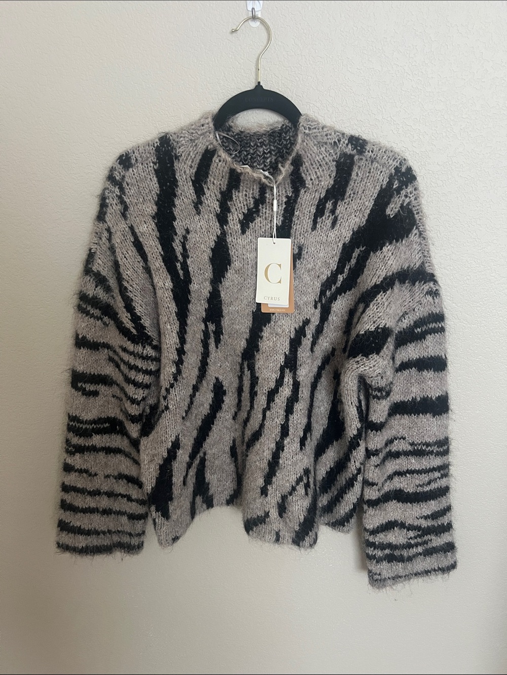Cyrus Black and Gray Zebra-Stripe Polyester Blend Sweater